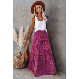 Purple Tiered Paisley Print Pocketed Maxi Skirt