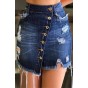 Dark Blue Distressed Button Front Ripped A-Line Denim Short Skirt