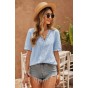 Sky Blue Lace Splicing V-Neck Swiss Dot Short Sleeve Top