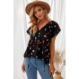 Black V-neck Short Sleeve Fashion Print Fantasy Fluttering Blouse