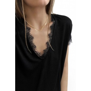 Black V Neck Lace Trim Short Sleeve Top